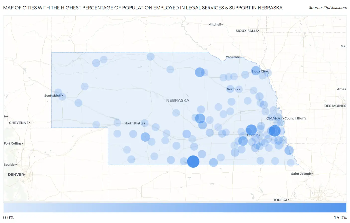 Cities with the Highest Percentage of Population Employed in Legal Services & Support in Nebraska Map
