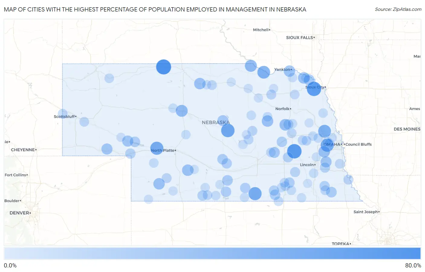 Cities with the Highest Percentage of Population Employed in Management in Nebraska Map