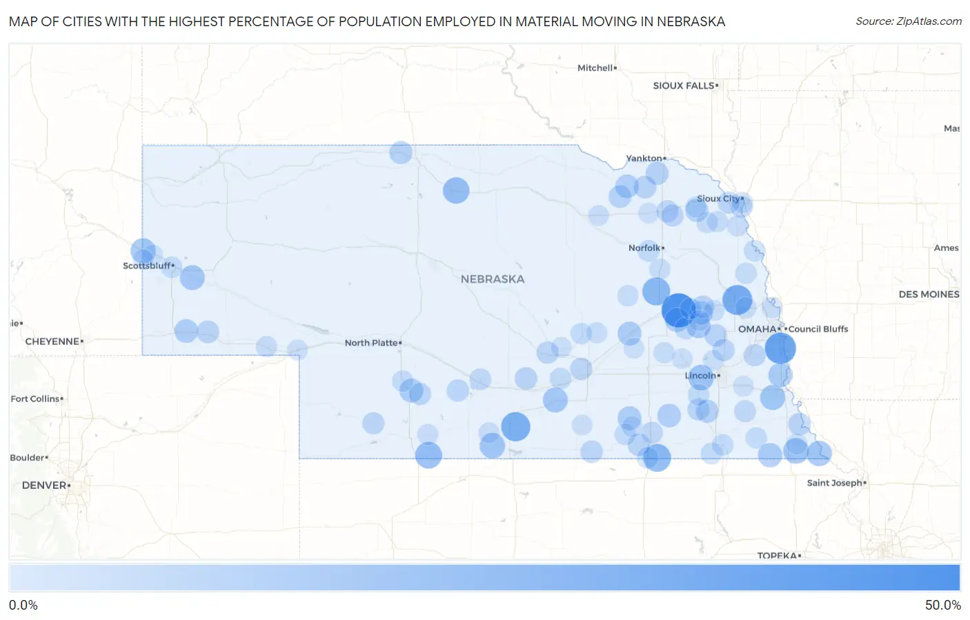 Cities with the Highest Percentage of Population Employed in Material Moving in Nebraska Map