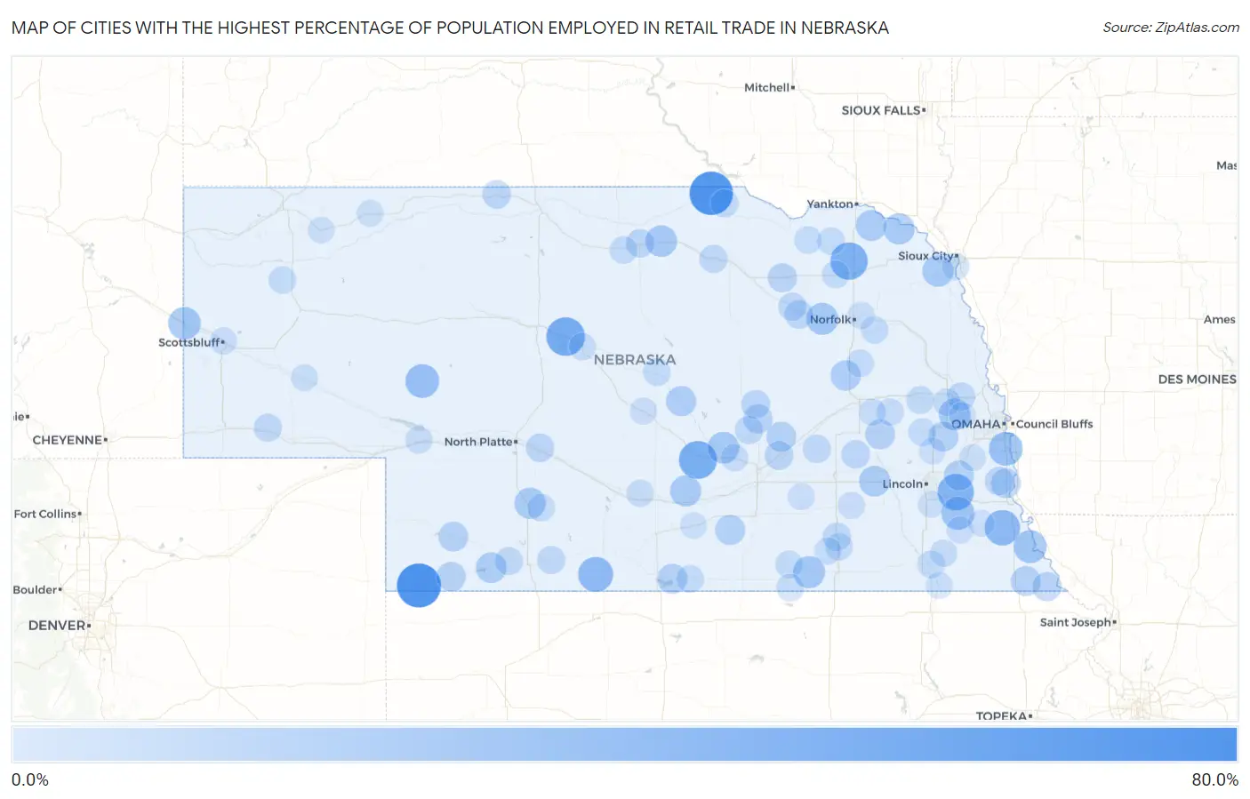 Cities with the Highest Percentage of Population Employed in Retail Trade in Nebraska Map