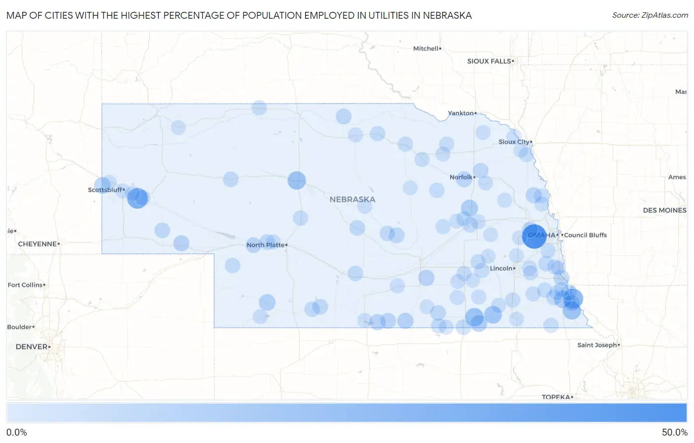 Cities with the Highest Percentage of Population Employed in Utilities in Nebraska Map
