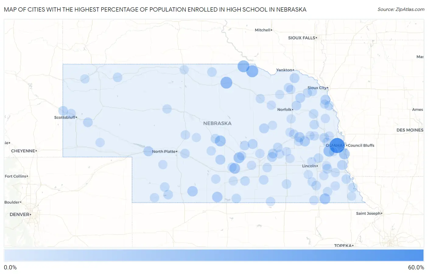 Cities with the Highest Percentage of Population Enrolled in High School in Nebraska Map