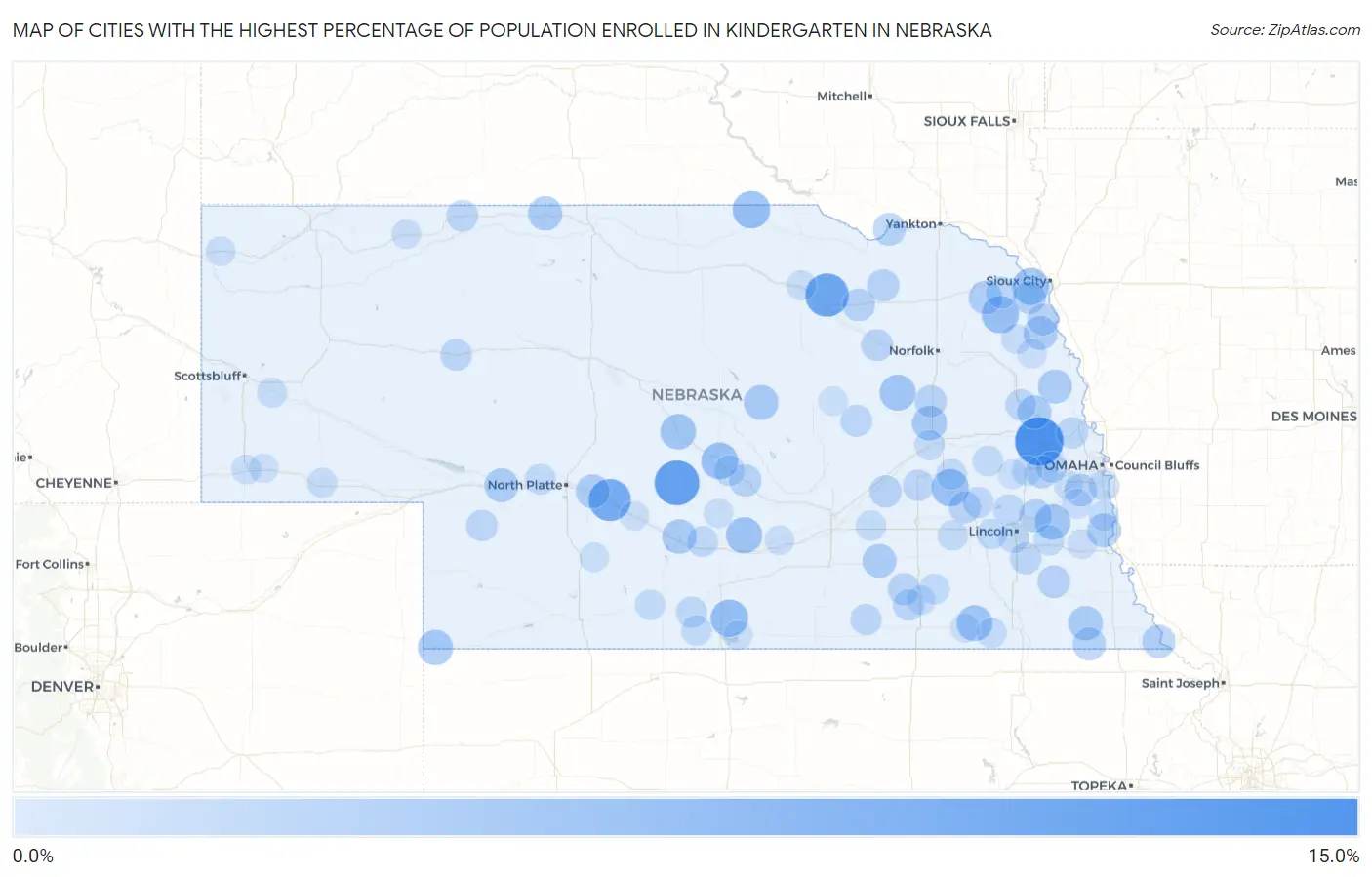Cities with the Highest Percentage of Population Enrolled in Kindergarten in Nebraska Map