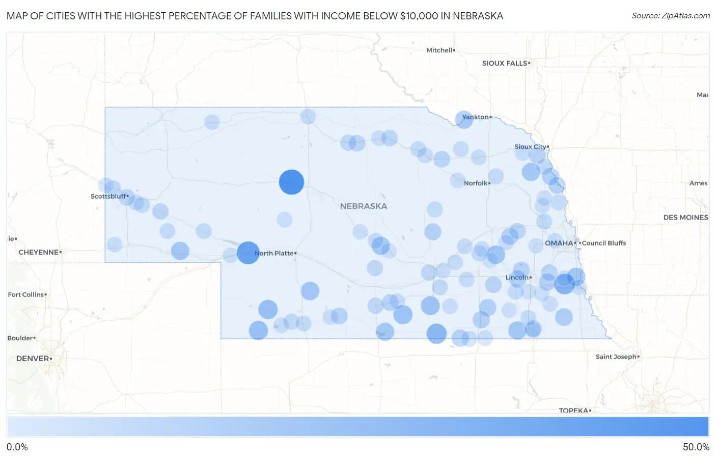 Cities with the Highest Percentage of Families with Income Below $10,000 in Nebraska Map
