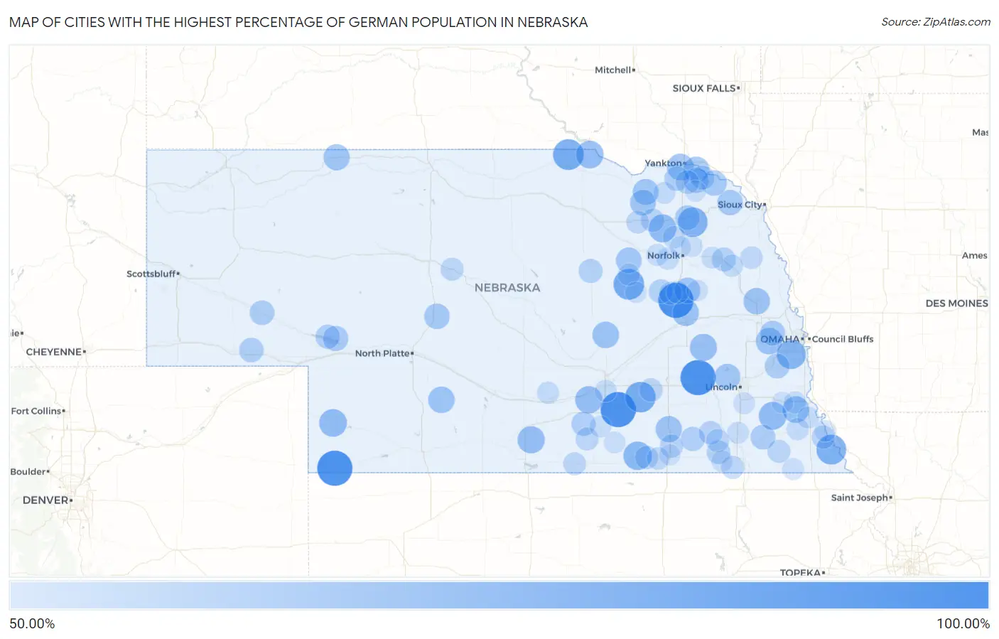 Cities with the Highest Percentage of German Population in Nebraska Map