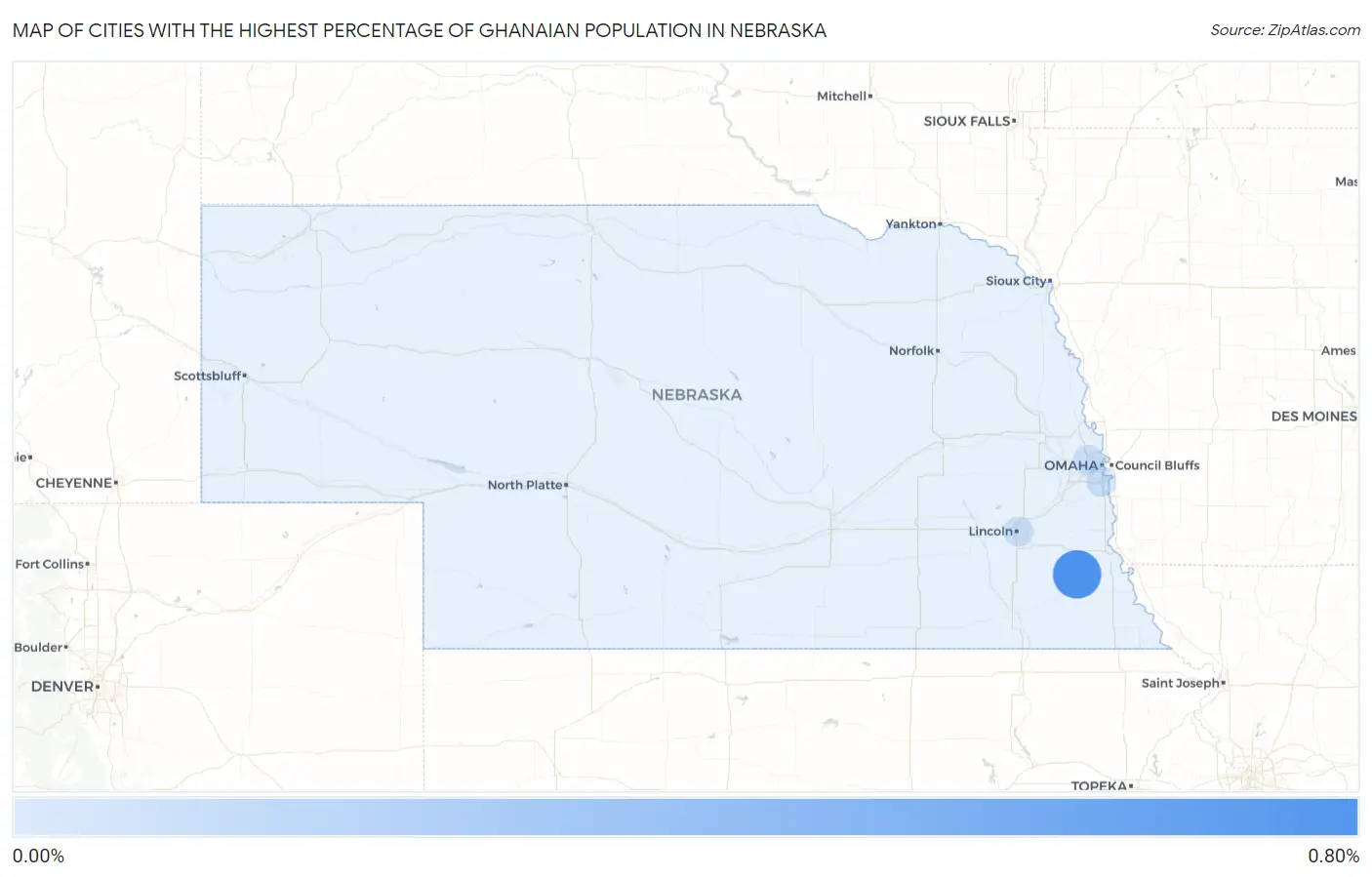 Cities with the Highest Percentage of Ghanaian Population in Nebraska Map