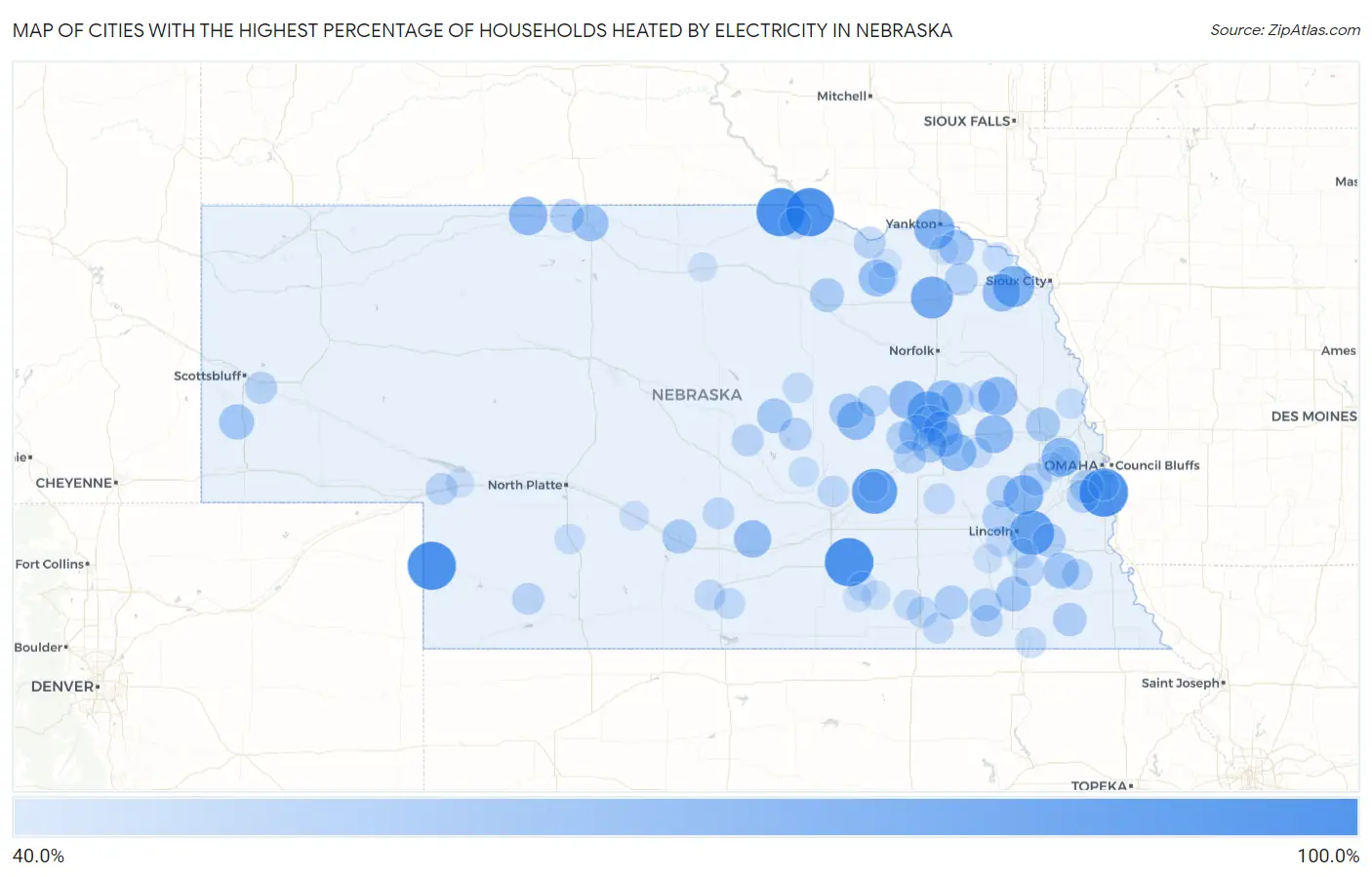 Cities with the Highest Percentage of Households Heated by Electricity in Nebraska Map