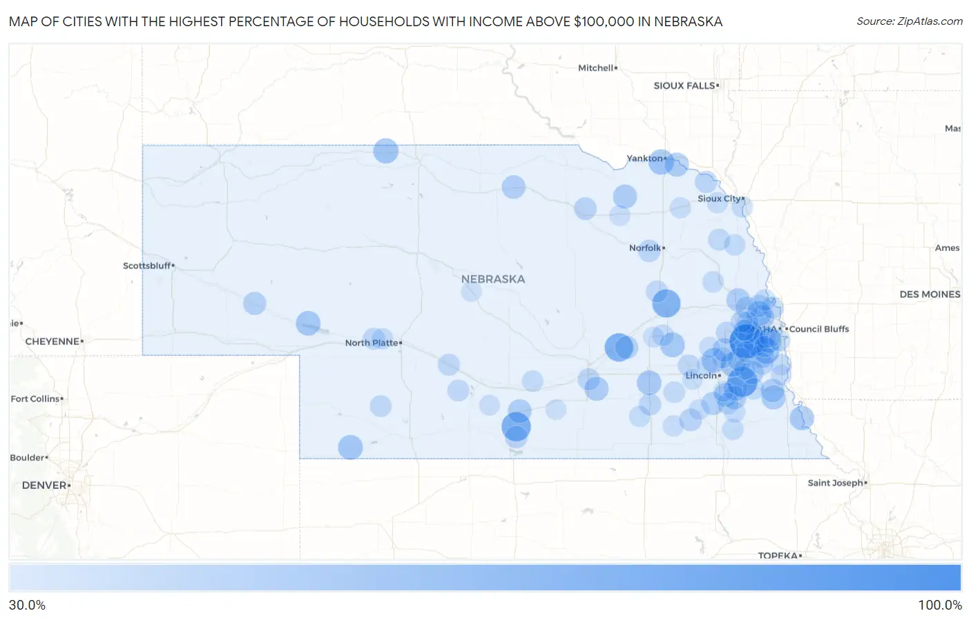 Cities with the Highest Percentage of Households with Income Above $100,000 in Nebraska Map