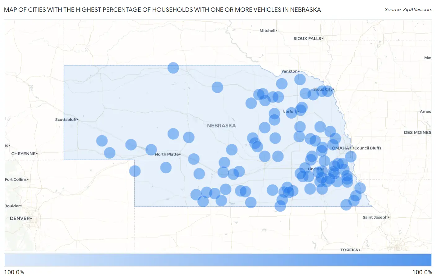 Cities with the Highest Percentage of Households With One or more Vehicles in Nebraska Map
