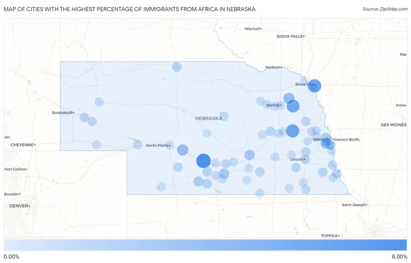 Cities with the Highest Percentage of Immigrants from Africa in Nebraska Map