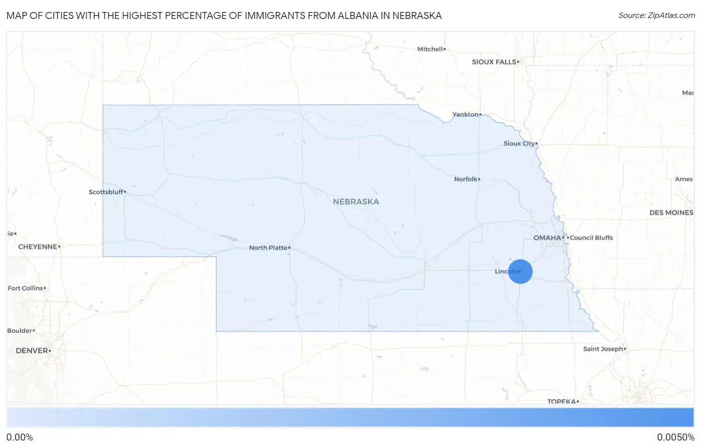 Cities with the Highest Percentage of Immigrants from Albania in Nebraska Map