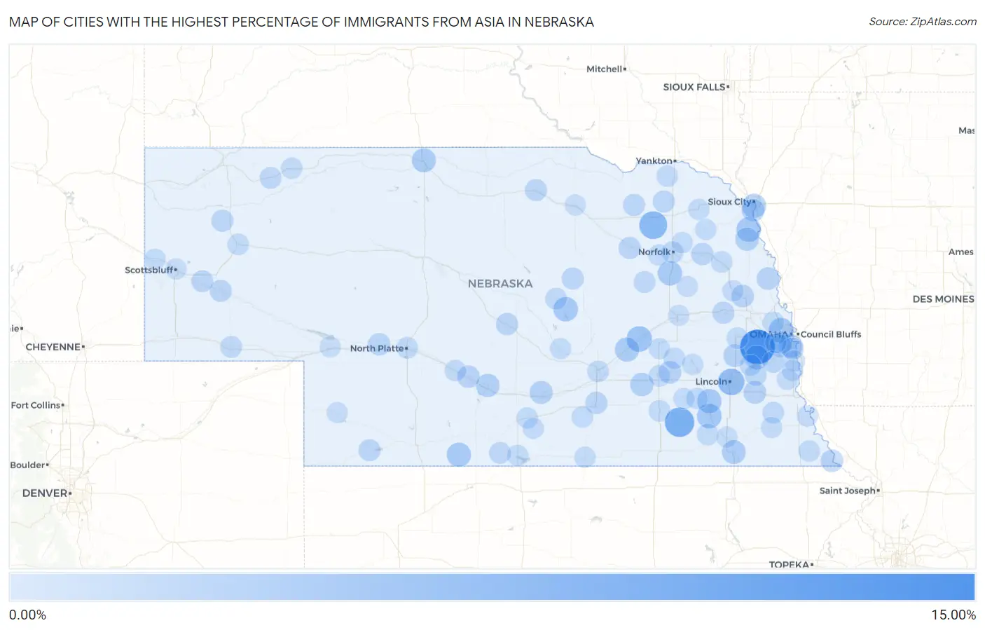 Cities with the Highest Percentage of Immigrants from Asia in Nebraska Map