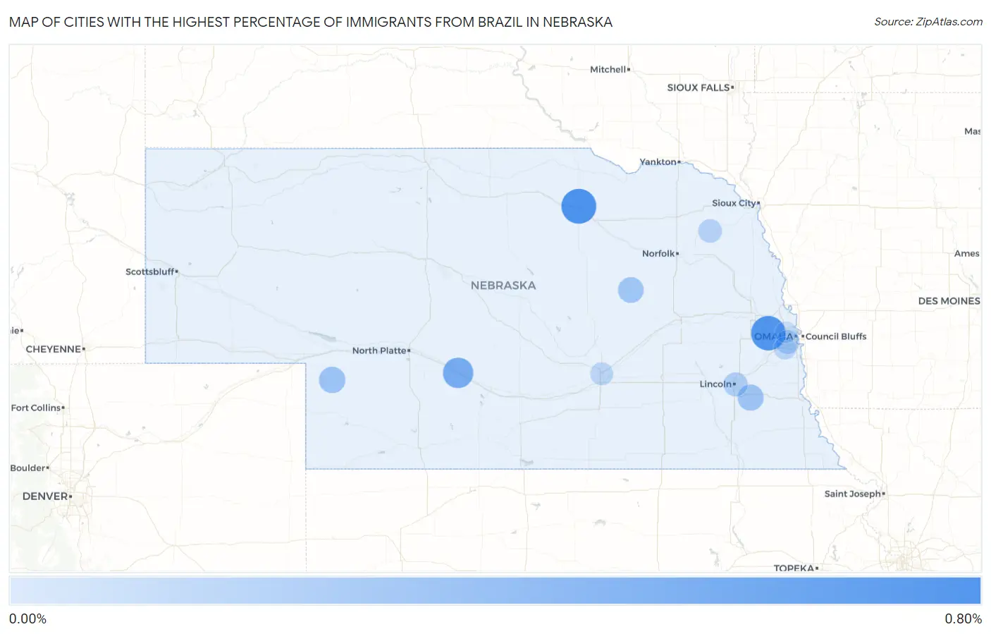 Cities with the Highest Percentage of Immigrants from Brazil in Nebraska Map