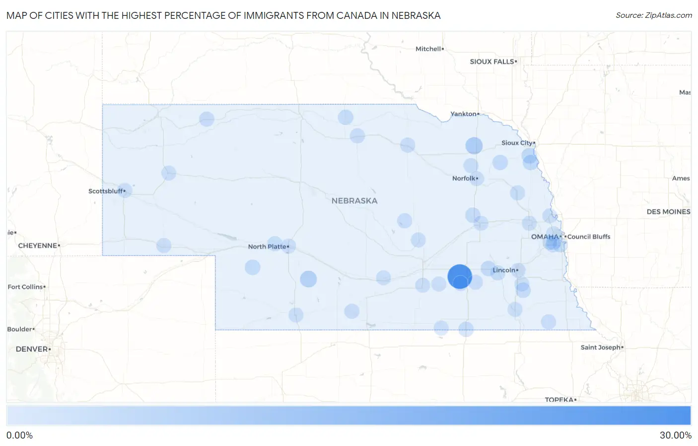 Cities with the Highest Percentage of Immigrants from Canada in Nebraska Map