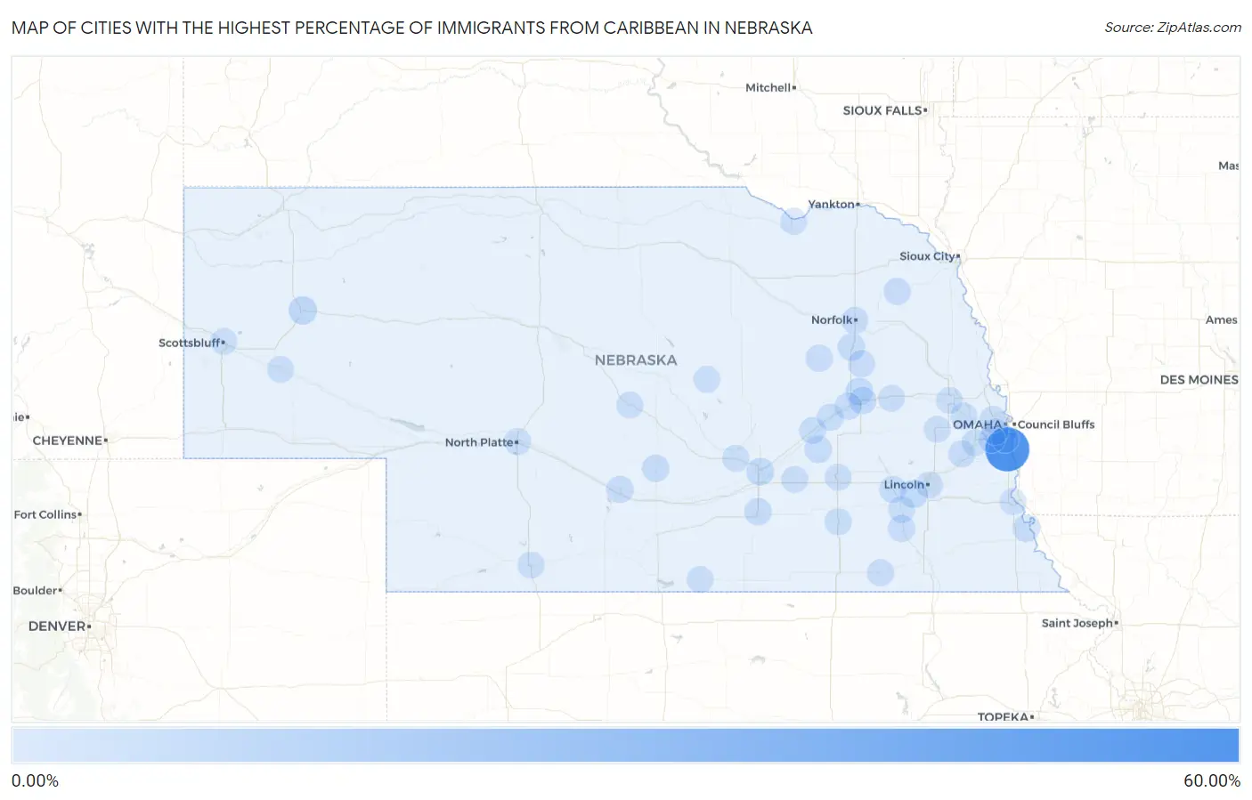 Cities with the Highest Percentage of Immigrants from Caribbean in Nebraska Map
