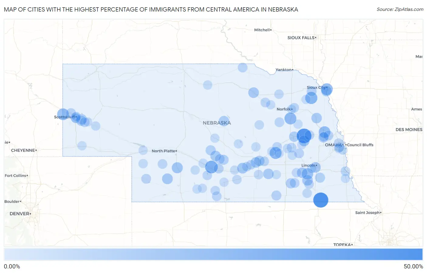 Cities with the Highest Percentage of Immigrants from Central America in Nebraska Map