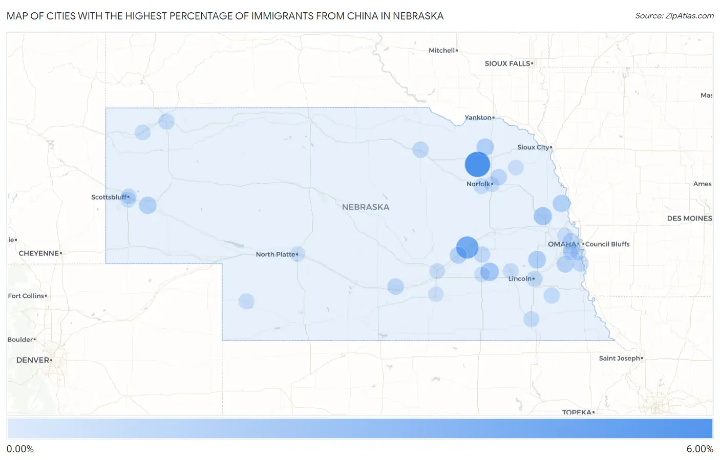 Cities with the Highest Percentage of Immigrants from China in Nebraska Map