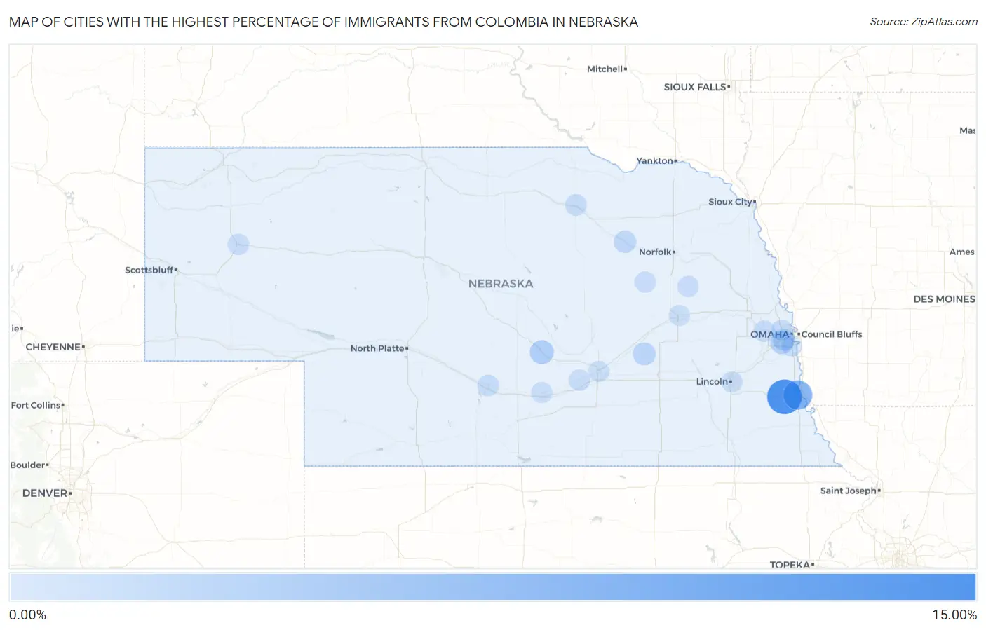 Cities with the Highest Percentage of Immigrants from Colombia in Nebraska Map