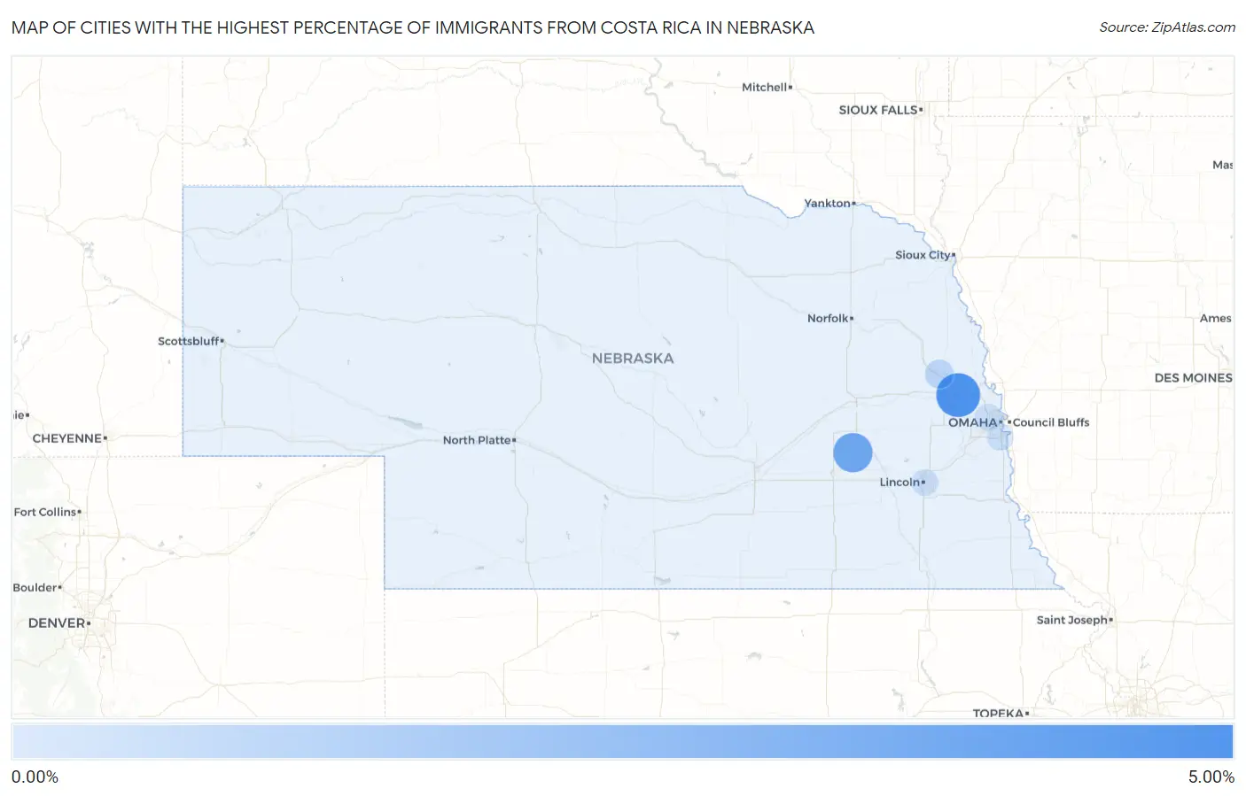 Cities with the Highest Percentage of Immigrants from Costa Rica in Nebraska Map