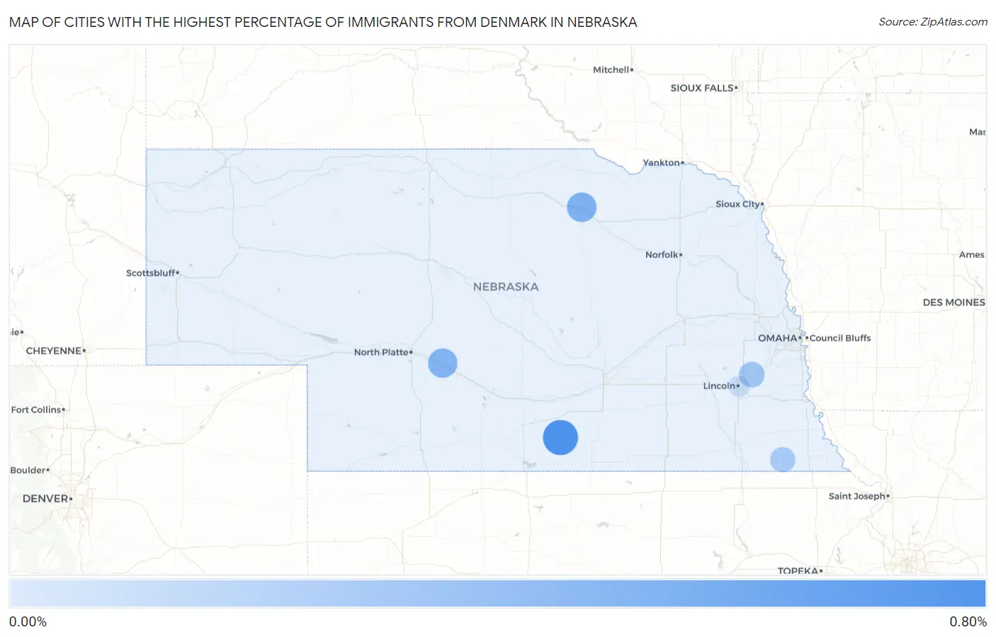 Cities with the Highest Percentage of Immigrants from Denmark in Nebraska Map