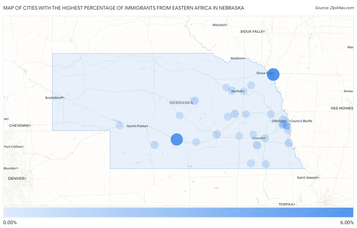 Cities with the Highest Percentage of Immigrants from Eastern Africa in Nebraska Map