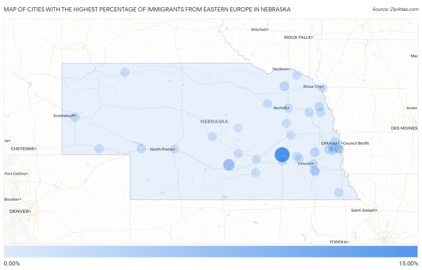Cities with the Highest Percentage of Immigrants from Eastern Europe in Nebraska Map