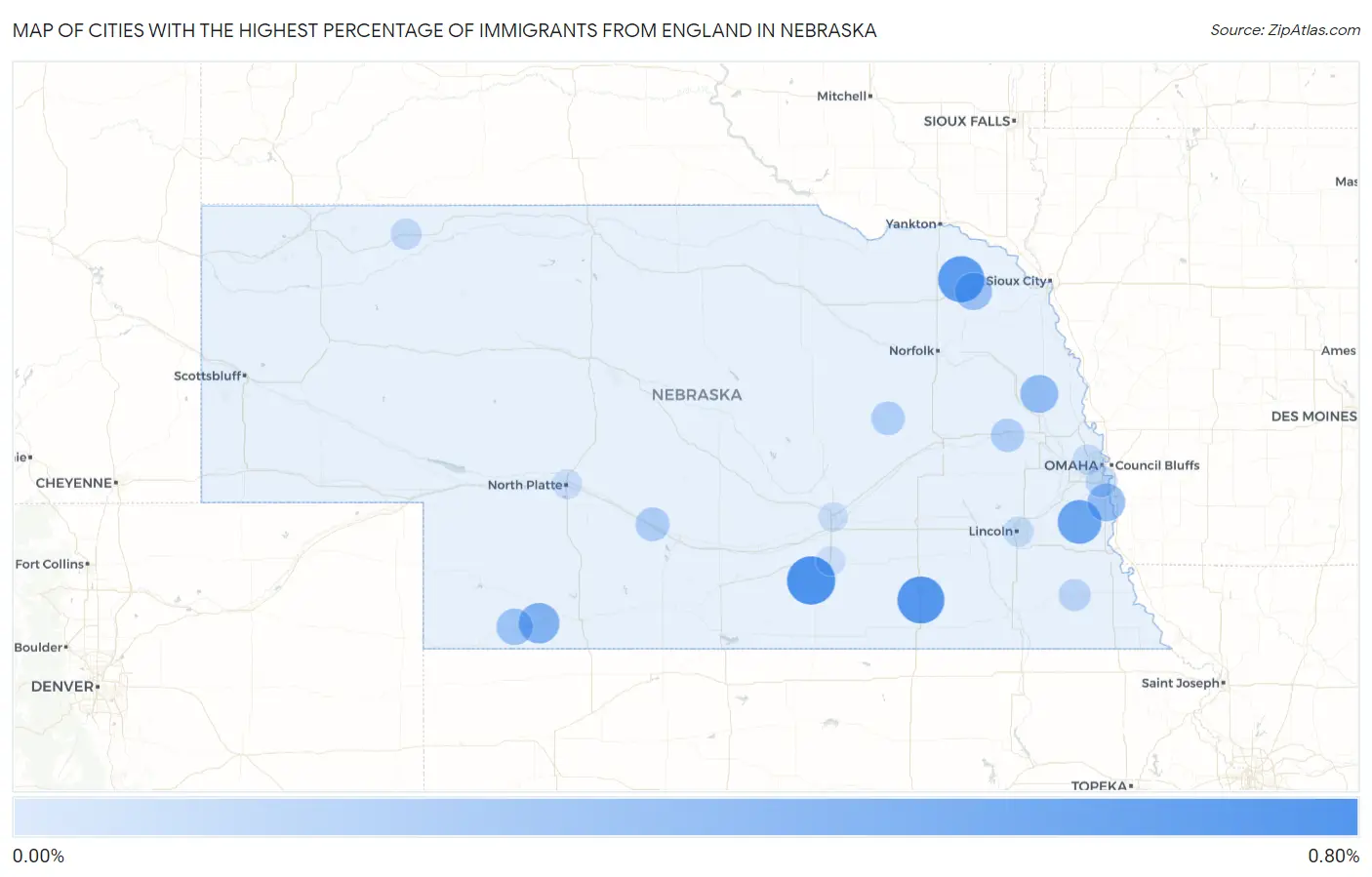 Cities with the Highest Percentage of Immigrants from England in Nebraska Map