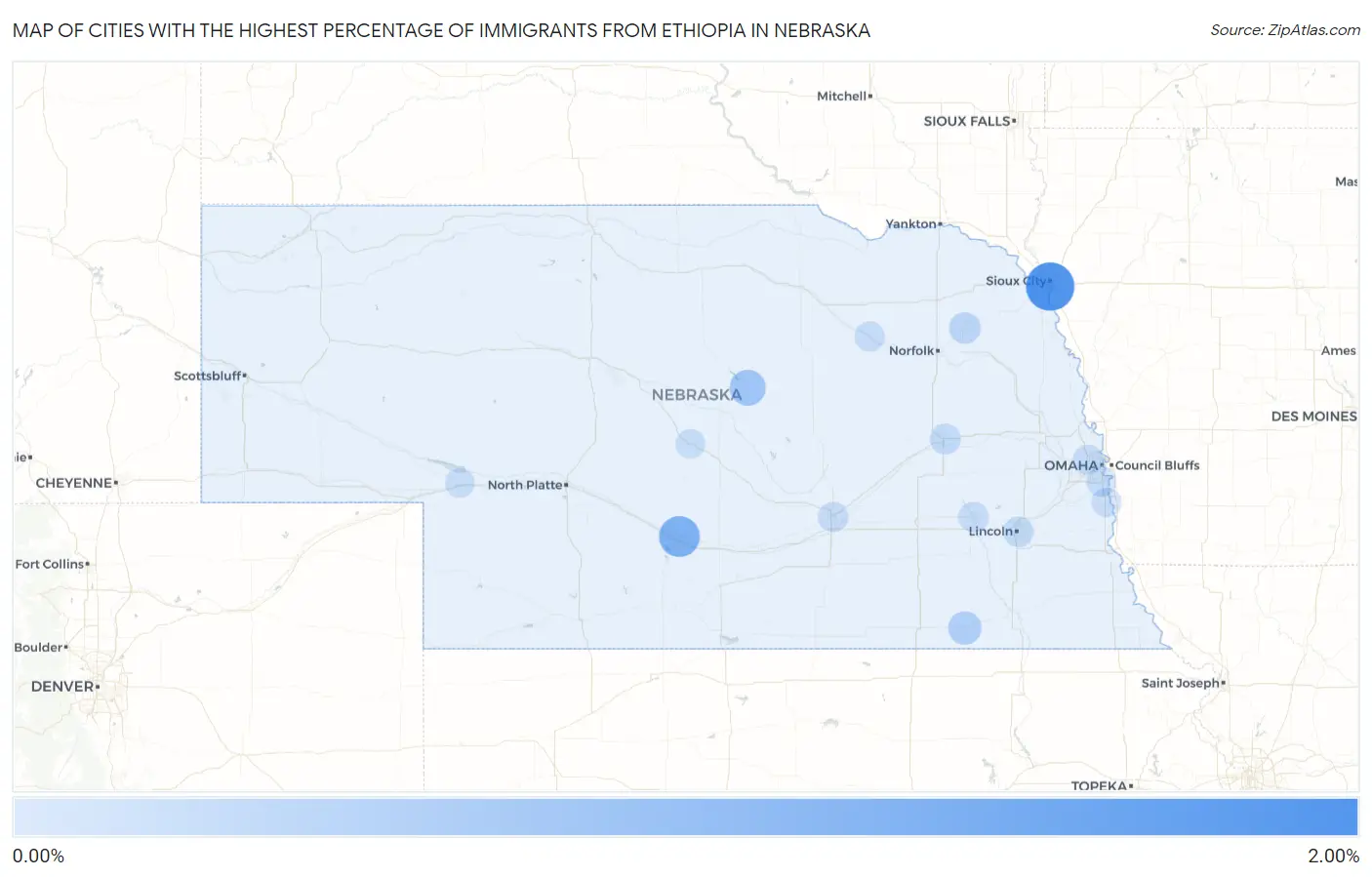 Cities with the Highest Percentage of Immigrants from Ethiopia in Nebraska Map