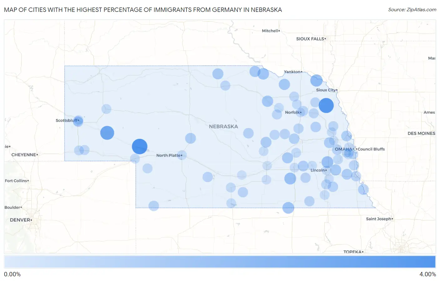 Cities with the Highest Percentage of Immigrants from Germany in Nebraska Map
