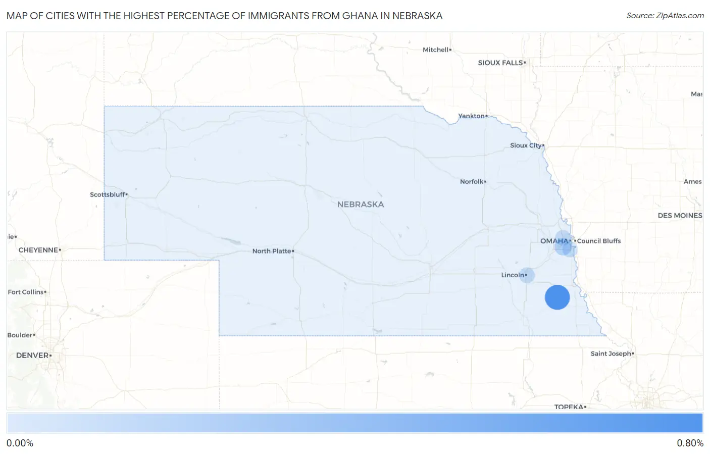 Cities with the Highest Percentage of Immigrants from Ghana in Nebraska Map