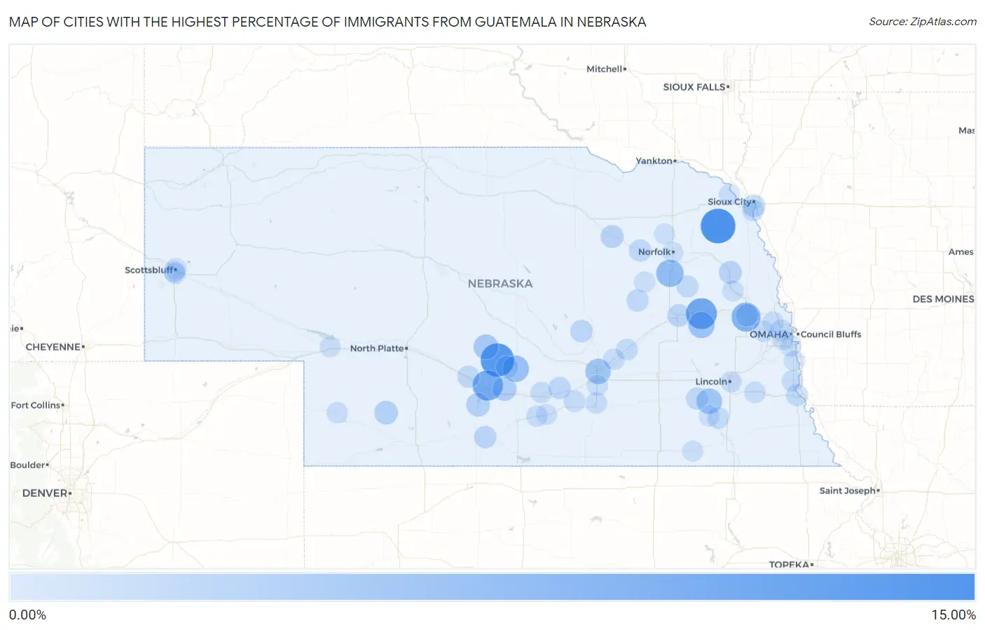 Cities with the Highest Percentage of Immigrants from Guatemala in Nebraska Map