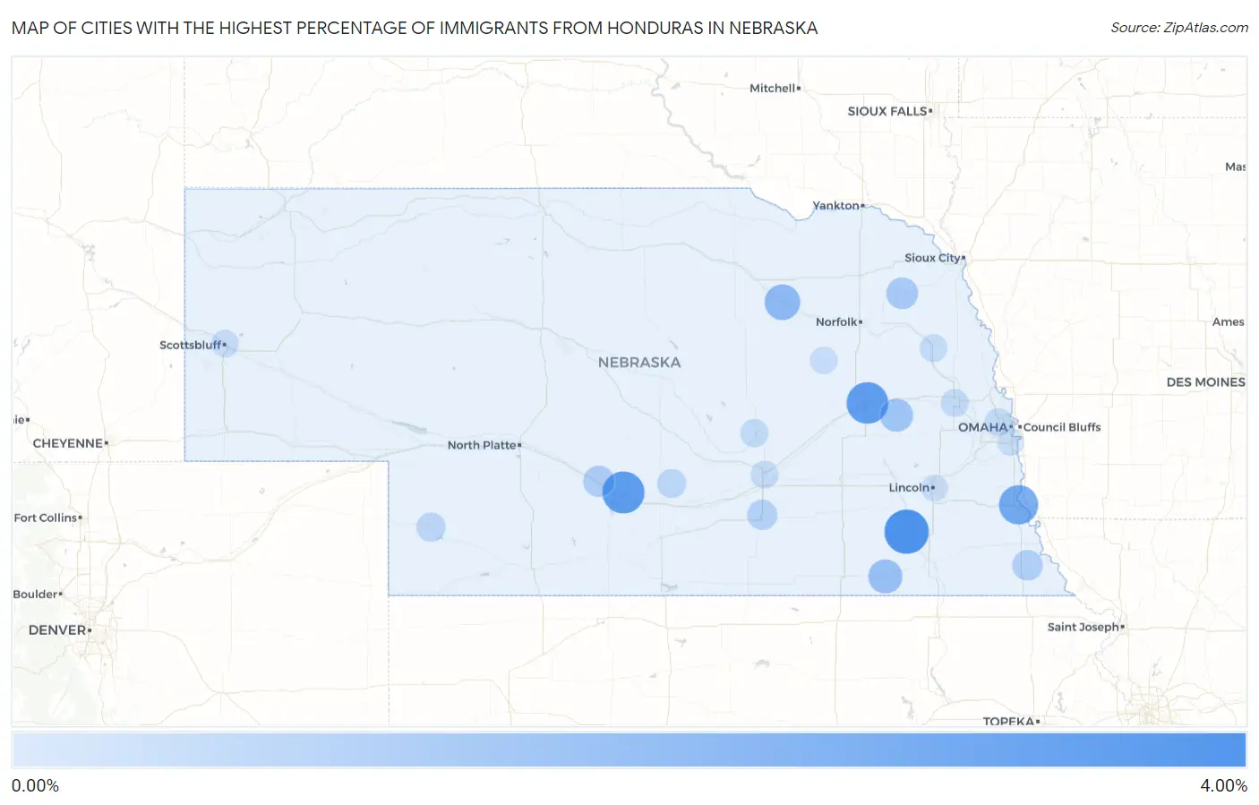 Cities with the Highest Percentage of Immigrants from Honduras in Nebraska Map