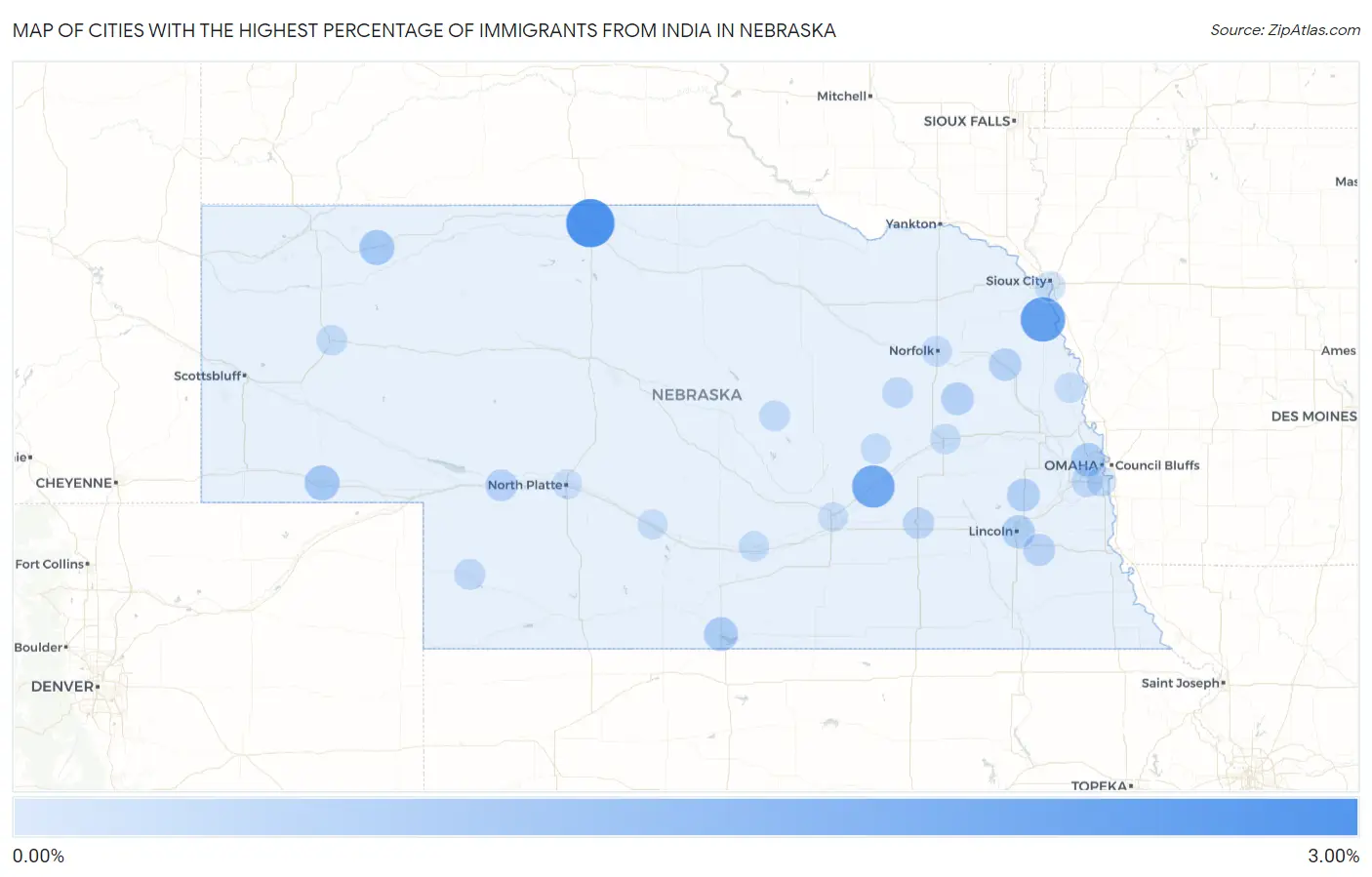 Cities with the Highest Percentage of Immigrants from India in Nebraska Map