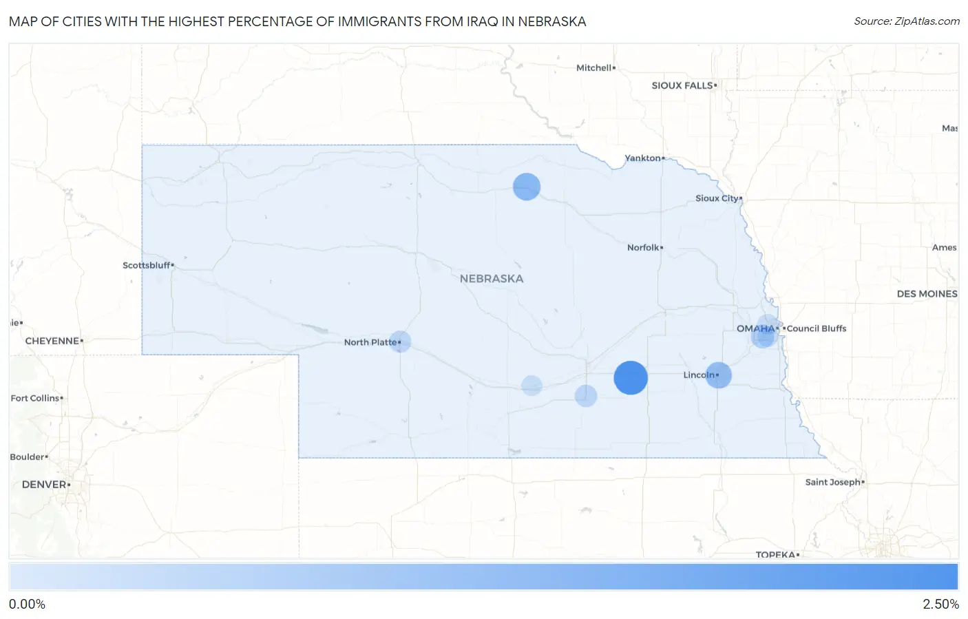 Cities with the Highest Percentage of Immigrants from Iraq in Nebraska Map