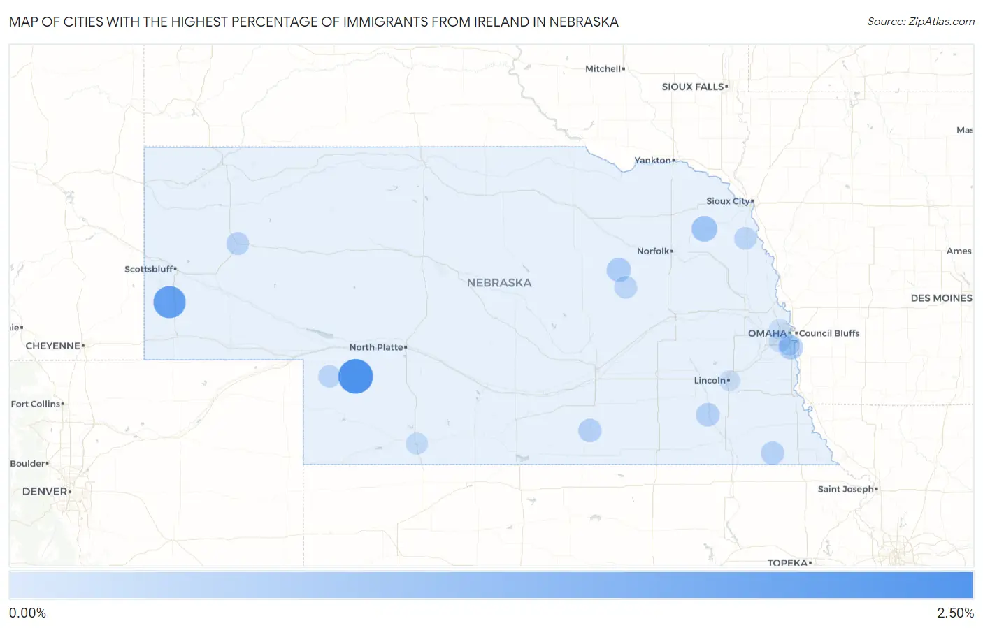Cities with the Highest Percentage of Immigrants from Ireland in Nebraska Map