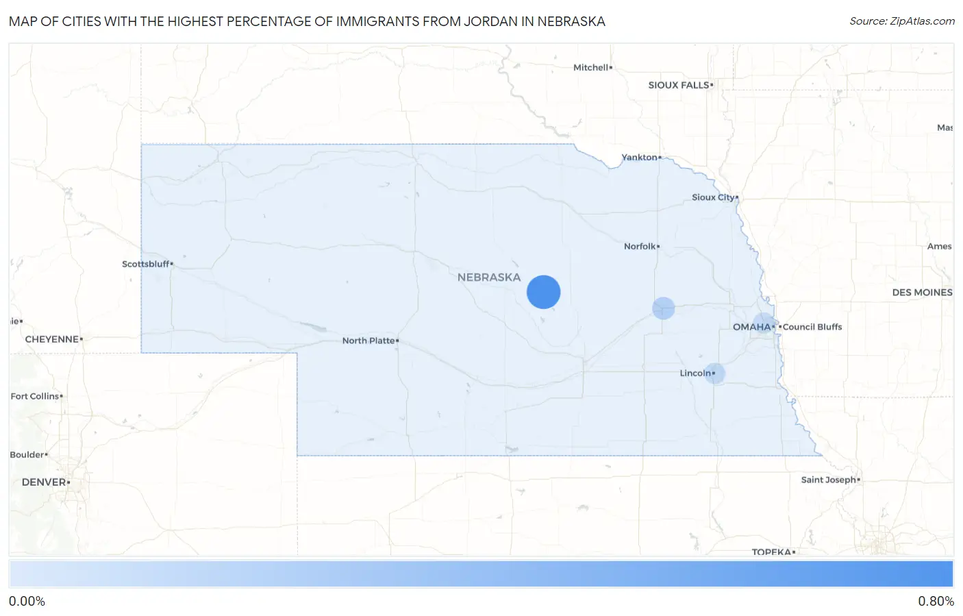 Cities with the Highest Percentage of Immigrants from Jordan in Nebraska Map