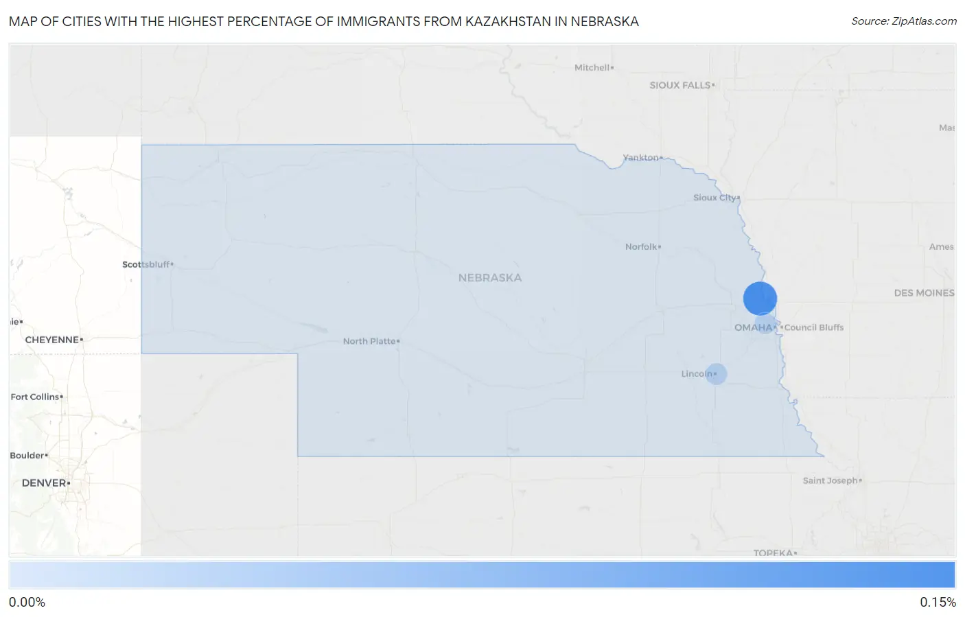 Cities with the Highest Percentage of Immigrants from Kazakhstan in Nebraska Map