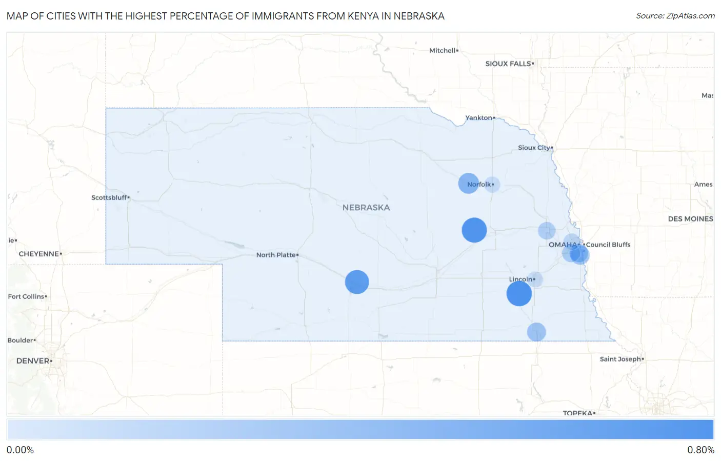 Cities with the Highest Percentage of Immigrants from Kenya in Nebraska Map