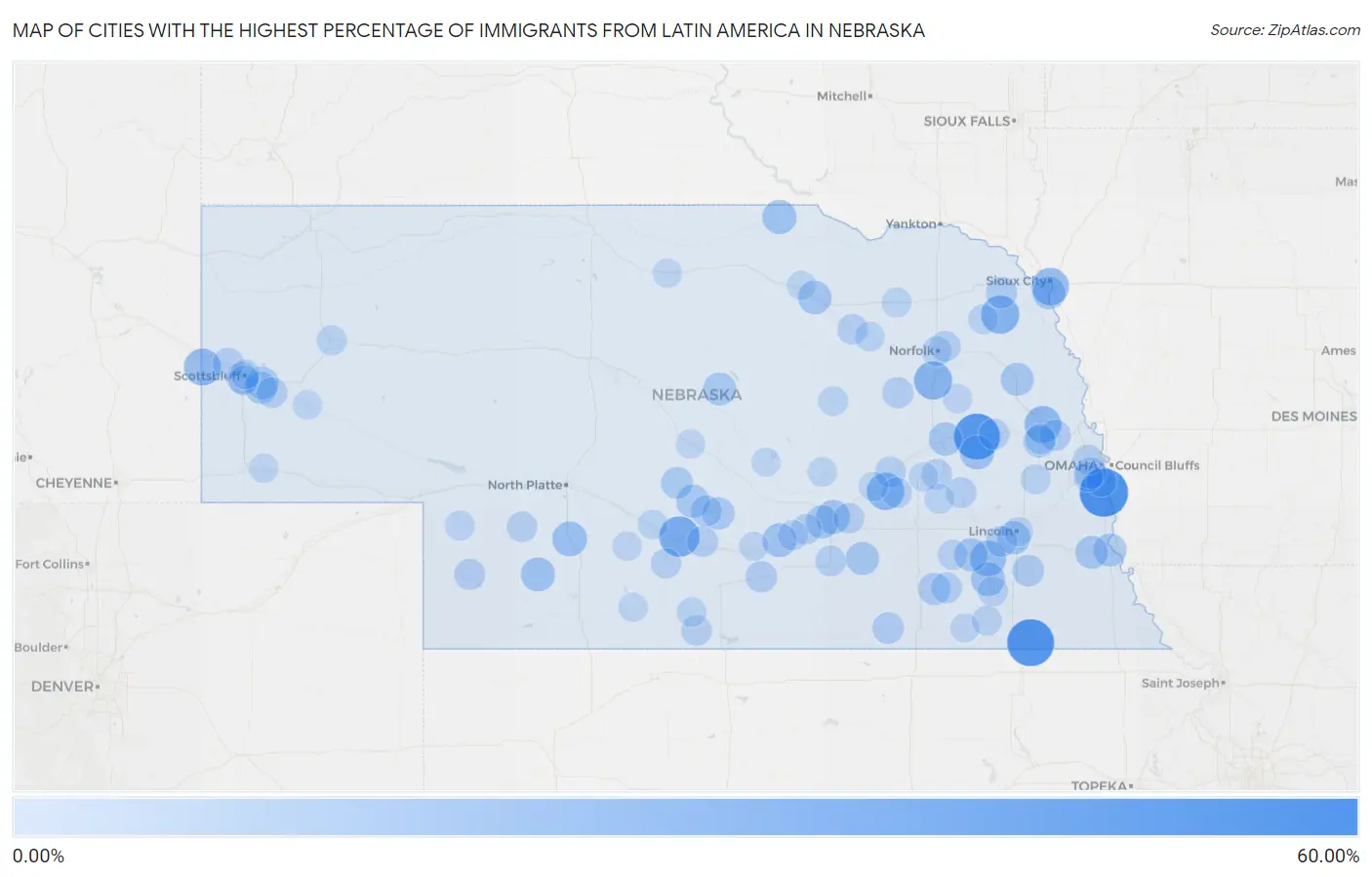 Cities with the Highest Percentage of Immigrants from Latin America in Nebraska Map