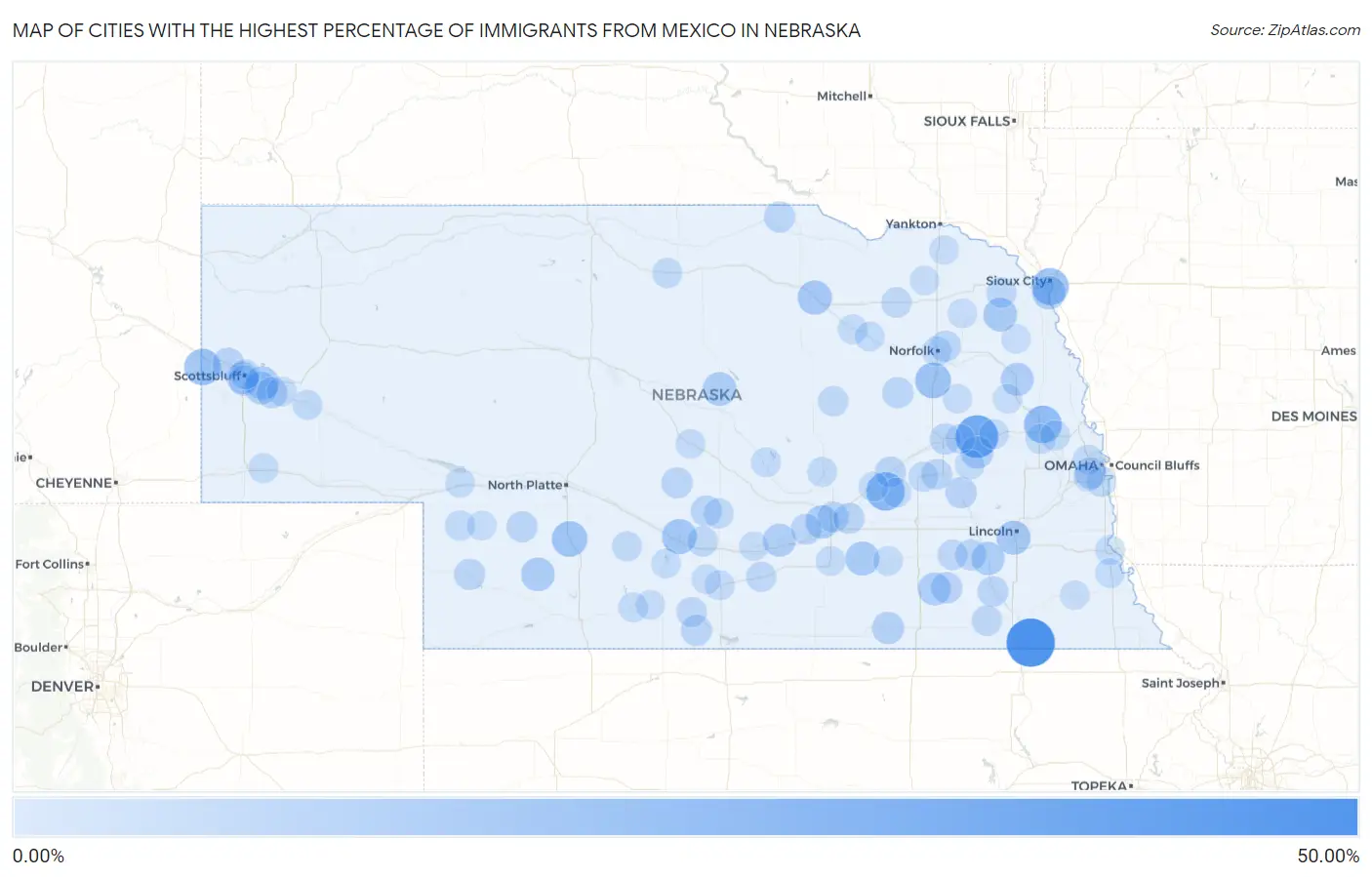 Cities with the Highest Percentage of Immigrants from Mexico in Nebraska Map