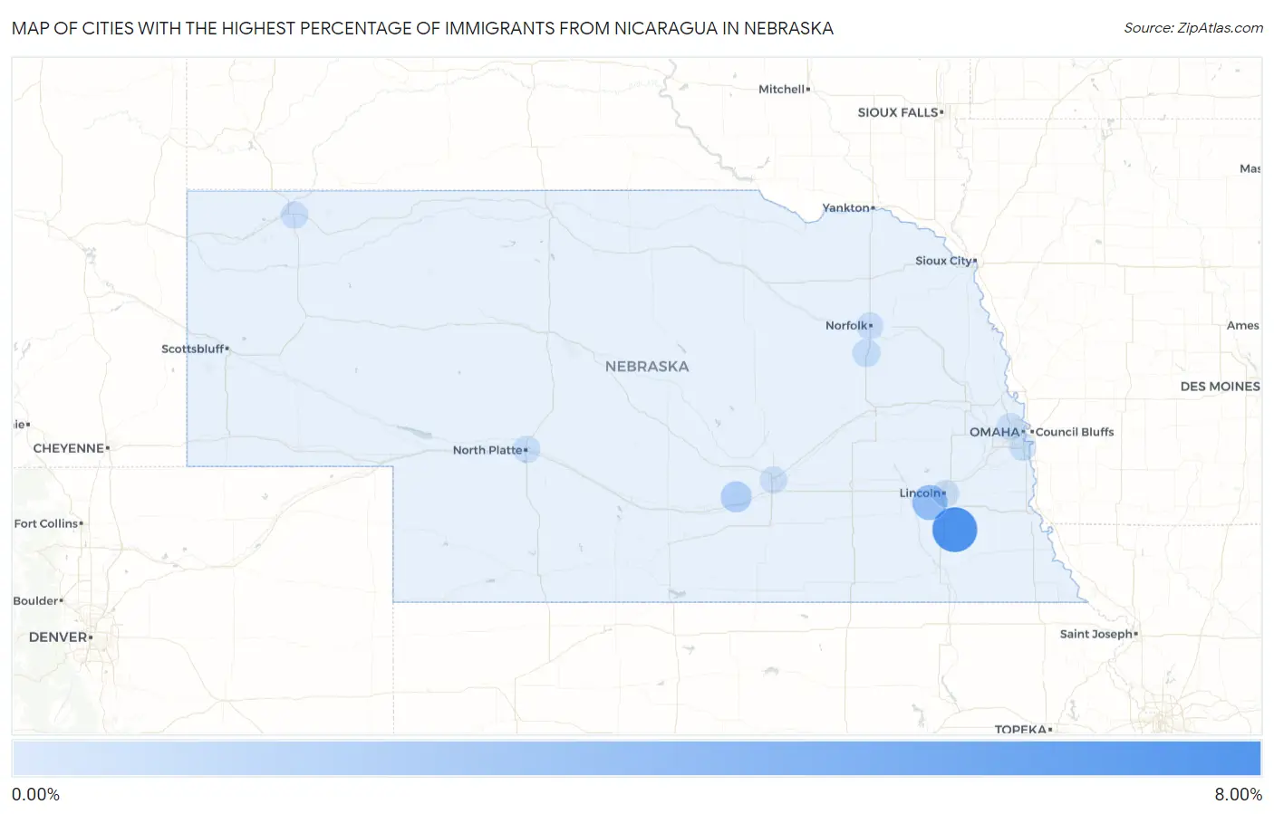 Cities with the Highest Percentage of Immigrants from Nicaragua in Nebraska Map