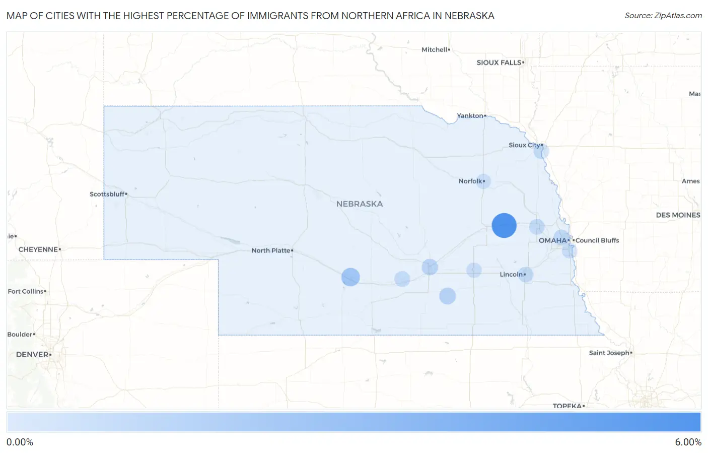 Cities with the Highest Percentage of Immigrants from Northern Africa in Nebraska Map