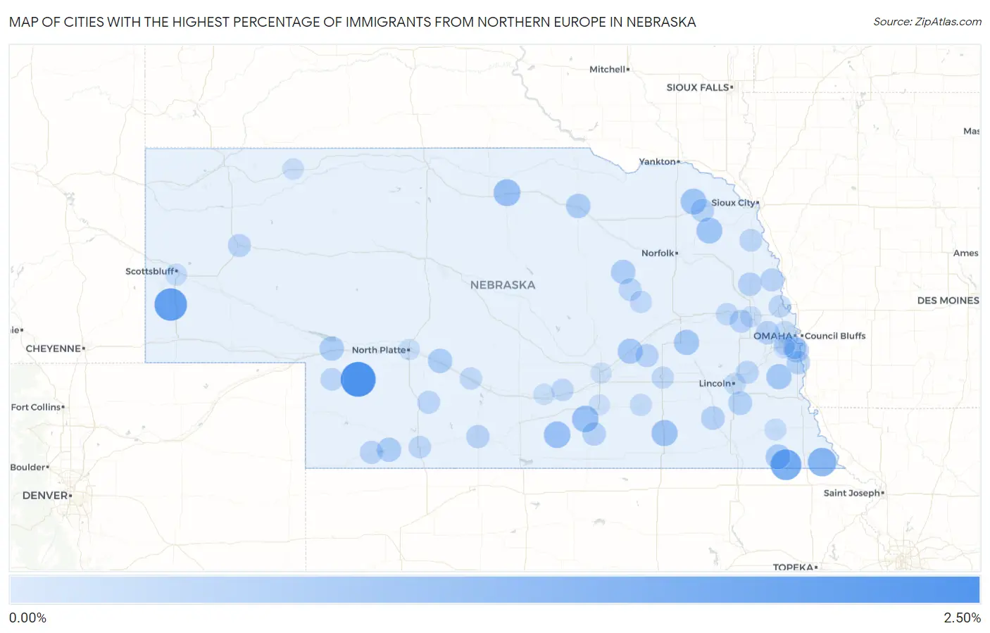 Cities with the Highest Percentage of Immigrants from Northern Europe in Nebraska Map