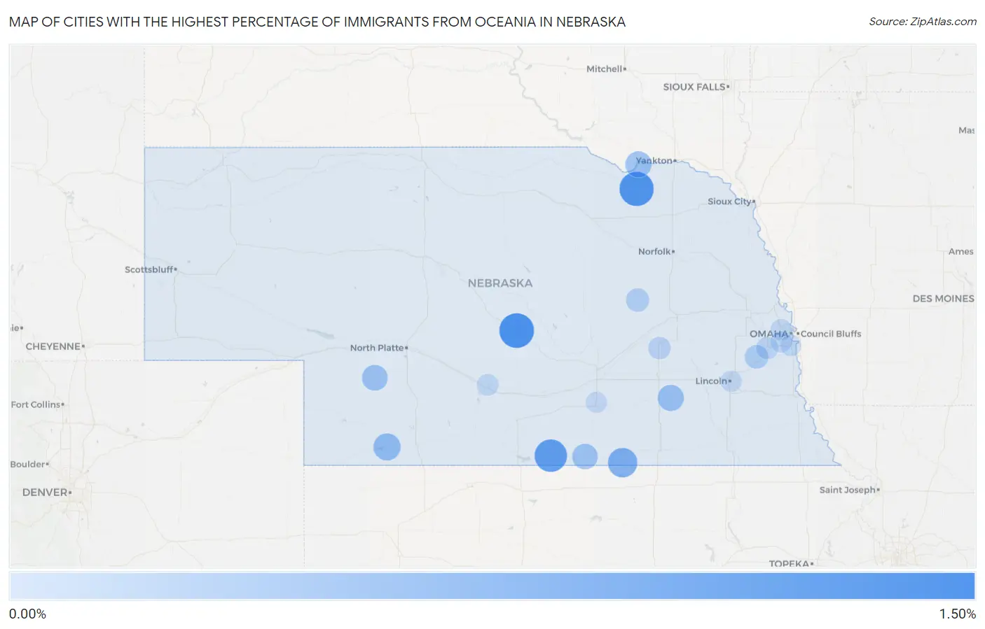 Cities with the Highest Percentage of Immigrants from Oceania in Nebraska Map
