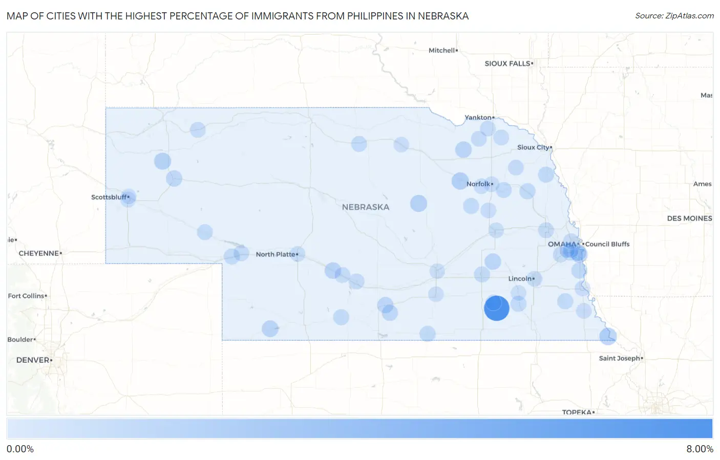 Cities with the Highest Percentage of Immigrants from Philippines in Nebraska Map