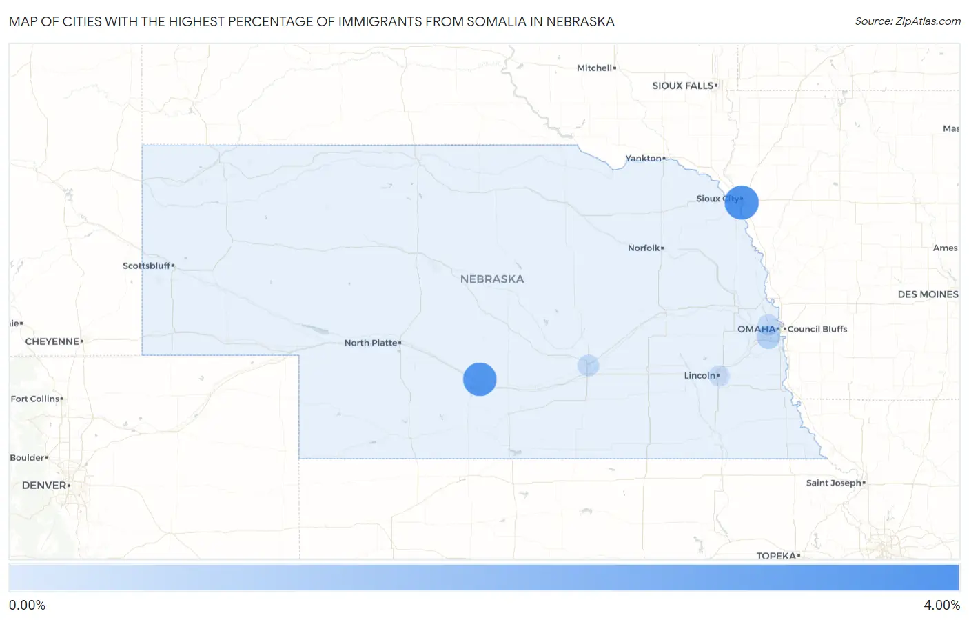 Cities with the Highest Percentage of Immigrants from Somalia in Nebraska Map