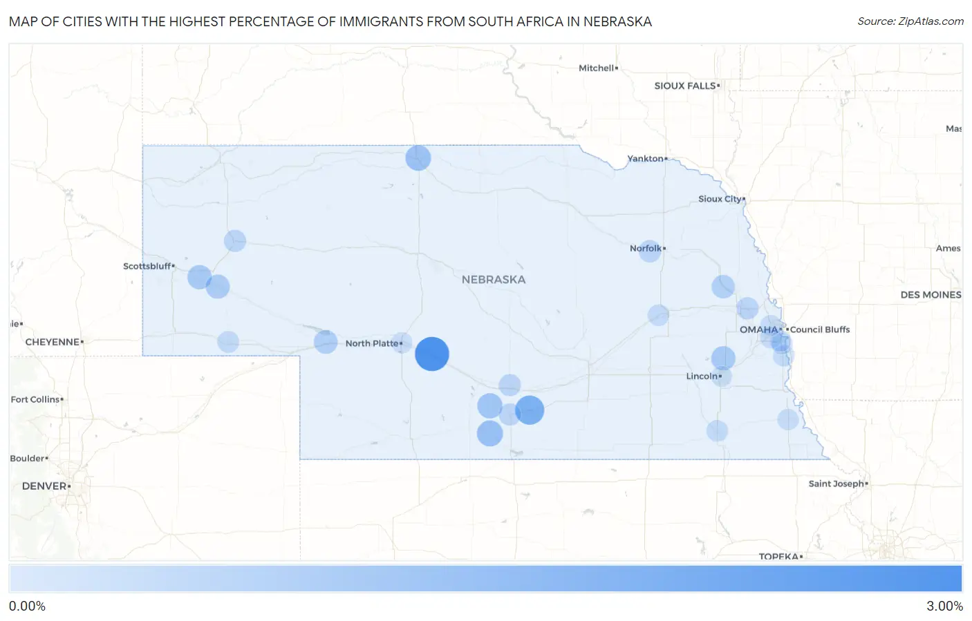 Cities with the Highest Percentage of Immigrants from South Africa in Nebraska Map