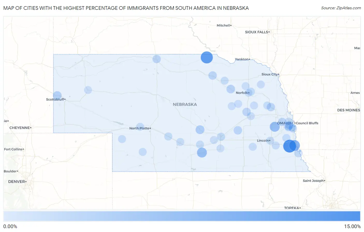 Cities with the Highest Percentage of Immigrants from South America in Nebraska Map