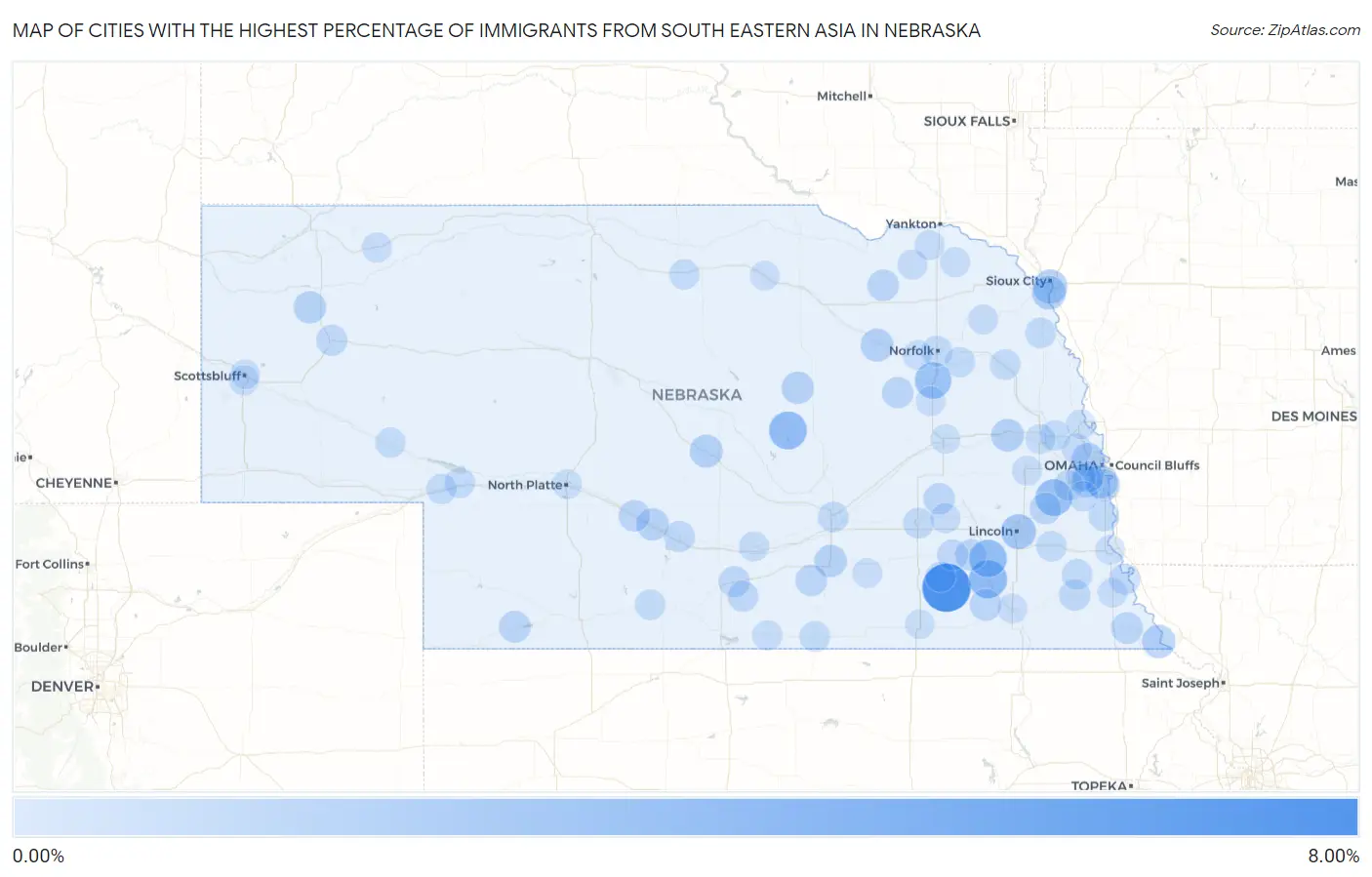 Cities with the Highest Percentage of Immigrants from South Eastern Asia in Nebraska Map