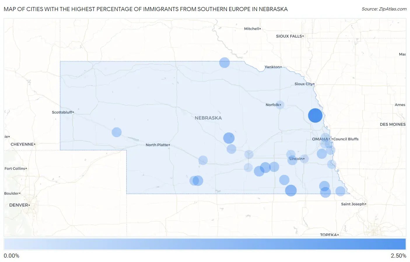 Cities with the Highest Percentage of Immigrants from Southern Europe in Nebraska Map